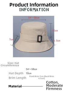 Detail view of beige cotton bucket hat with dimensions 54-58cm and stylish black buckle decorative