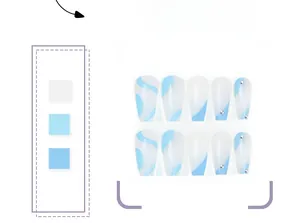 Close-up of blue and white ripple art press-on nails with small silver rhinestones