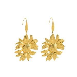 Vintage style gold sunflower drop earrings with textured metal petals and hook design