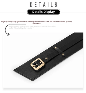 Detail view of the elegant black PU waist belt featuring a polished gold square buckle