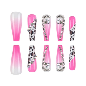 Long ballerina press-on nails with leopard print and sparkling rhinestones 10pcs set