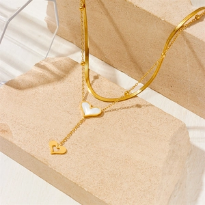 Double Layer Heart Pendant Necklace Titanium Steel Mother Of Artificial Pearl White Shell Snake Bone Chain Elegant Women Jewelry