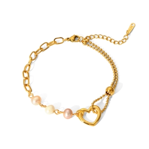 Golden stainless steel heart pendant bracelet with multi-colored pearls and chain links