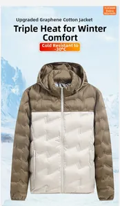 Detail der wattierten Graphen-Jacke mit braunem Colorblocking und Kapuze im Schnee
