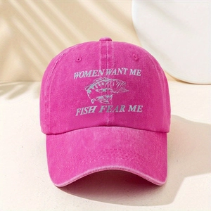 Vintage pink washed cotton baseball cap with Women Want Me and fish print design