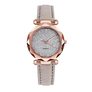 Women's starry sky quartz watch with rose gold faceted case and gray suede strap