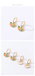 Detail of fan-shaped gold earrings with colorful enamel and turquoise stone inlay