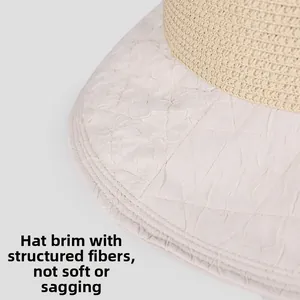 Close-up of woven straw crown and stitched fabric brim with flexible shape wire
