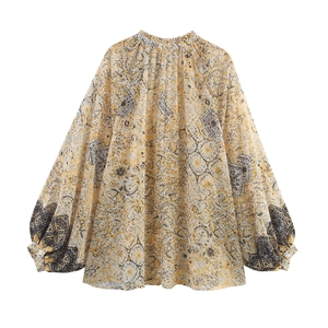 Vintage floral long sleeve blouse with puff lantern sleeves and high elastic neckline