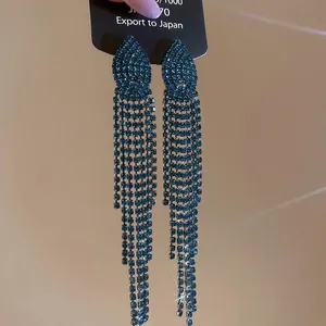 Deep blue rhinestone jellyfish tassel earrings with long dangling silver needles