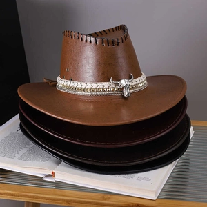 Vintage PU leather cowboy hats with bull head metal trim in black and brown colors