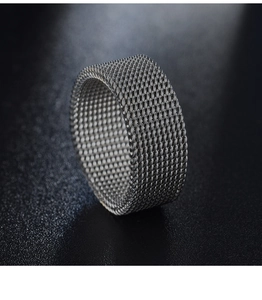 Detailed view of 8mm wide silver-grey woven mesh stainless steel ring for men