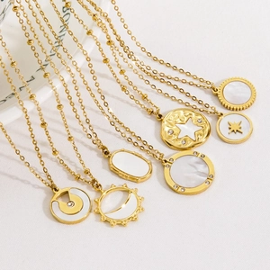 Elegant gold stainless steel necklaces with white mother of pearl geometric pendants