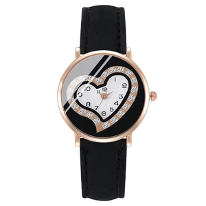 Classic quartz watch with heart rhinestone dial and rose gold case on black leather strap