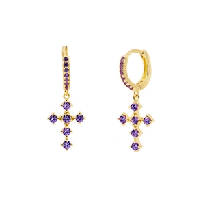 Detail of gold cross hoop earrings featuring vibrant round purple zircon gemstones