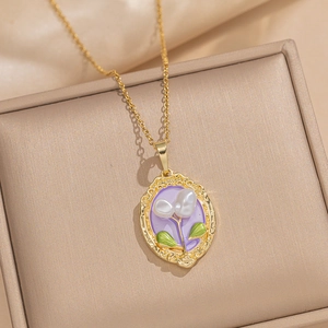 Baroque pearl flower pendant necklace with purple enamel in vintage French style