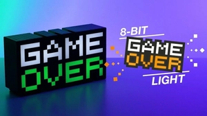 8-bit pixel art GAME OVER LED lamp with glowing white and green text on purple background