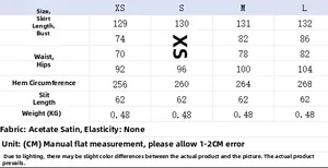 Detailed size chart for satin maxi dress showing length, bust, waist, and hip measurements