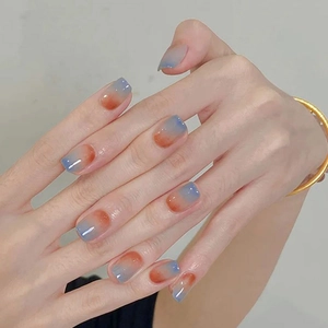 Press On Nails Short Square Round Gradient Morandi Blue Orange Marble Pattern Glossy Artificial Fingernails Women