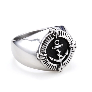 Vintage stainless steel anchor ring with black nautical compass engraving on silver metal