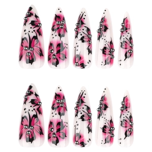 Extra long stiletto press-on nails with butterfly pattern and silver beads decor