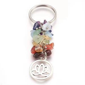 Detail of silver keychain featuring colorful natural crystal stones and lotus pendant
