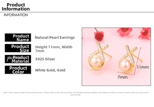 Detailed view of S925 silver pearl earrings measuring 11mm by 7mm in gold finish