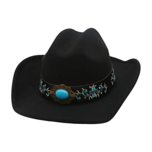Ethnic embroidery cowboy hat with turquoise stone in black felt fabric for men and women