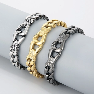 Vintage embossed titanium steel bracelets for men in silver, gold, and gun black finishes