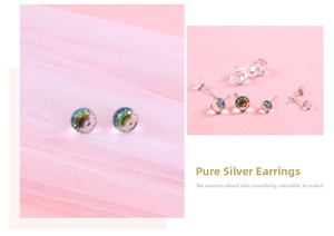 Detail of multi-faceted crystal ball stud earrings made with S925 sterling silver base