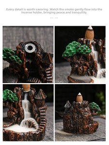 Detailed view of the mountain landscape incense burner showing resin smoke waterfall flow