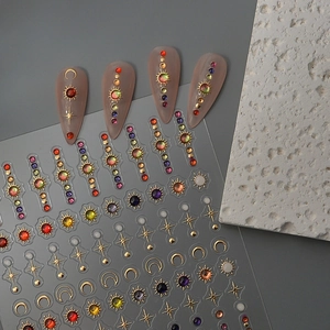 Bohemian gold star and moon nail stickers with colorful rhinestones on long nails