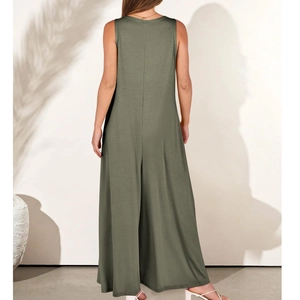 Back view of army green sleeveless wide-leg jumpsuit with soft knit drape and round neck