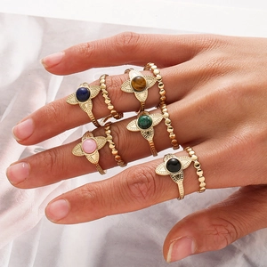Vintage gold-plated double-layer flower ring set with colorful stones for women