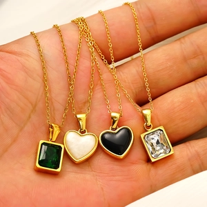Emerald Cut Zircon And Heart Pendant Necklace 18K Gold Plated Stainless Steel Waterproof Jewelry For Women