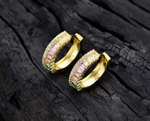 Close-up of gold-plated S925 silver hoop earrings with colorful zircon gemstones