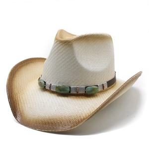 Chapeau de cow-boy en paille blanche avec perles turquoise et bord dégradé marron