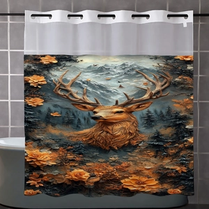 Detail of waffle weave shower curtain showing elk print and top mesh window hooks