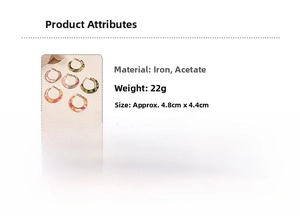 Detail view of colorful leopard print C-shape acetate earrings with size dimensions