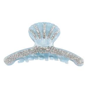 Elegant blue shell hair claw clip with crystal rhinestones and acetate texture