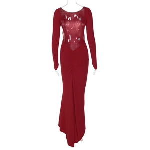 Close-up of red bodycon dress featuring elegant backless design with sheer mesh panels