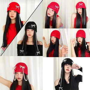 Handmade crochet hollow-out beanie with pearl bows in red and black colors