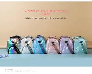 Showcase of six colorful holographic travel bags with separate shoe compartments for gym