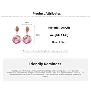 Detail view of acrylic floral and butterfly pendant earrings with dimensions 8x4cm