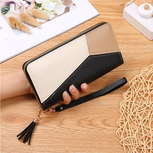 Three-color patchwork long wallet with detachable wrist strap and tassel charm