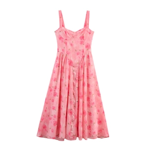 Abito Lungo Maxi In Chiffon Rosa Con Stampa Floreale Senza Maniche Scollo A Cuore Vita Alta Linea A Estate Elegante
