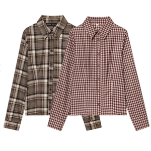 Slim fit plaid long sleeve shirts in brown and dark coffee checkered patterns