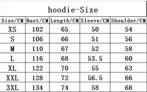 Detailed size chart for men's hooded sweatshirt set showing bust and length measurements
