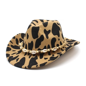 Western Wide Brim Cowboy Hat Cow Print Felt Jazz Fedora Shell Wood Bead Band For Men Women