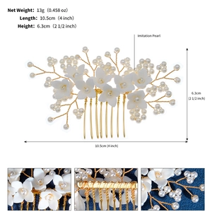 Detailed hair comb specs 10.5cm length with ceramic flowers and imitation pearls
